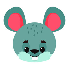 The head of a cute little mouse on a white background. Suitable for children's clothing, textiles or rooms. Vector illustration in cartoon style
