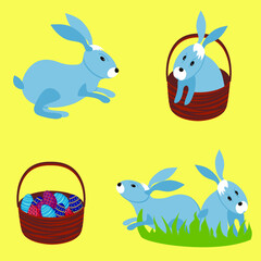 Easter eggs with different textures and colorful patterns in the basket and rabbits in the grass on yellow background. Vector illustration.
