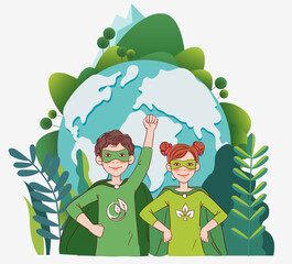Two cute children super heroes. Protect and save Earth Planet vector concept
