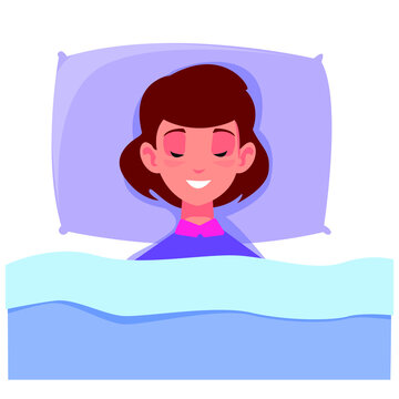 Woman sleeping in bed and smiling clipart cartoon. Good dreams. Girl Vector illustration in cartoon style.