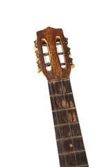 sloping front view wooden guitar neck in bad condition with peeling abandoned