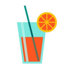 Orange juice in a glass flat vector illustration. Cocktail drink icon. Isolated on white background. Healthy organic food. Vegetarian diet. Breakfast. Simple summer logo. Happy hour bar invitation.