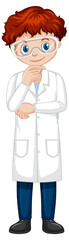 A boy cartoon character wearing laboratory coat