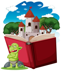 Goblin or troll cartoon character with a story book
