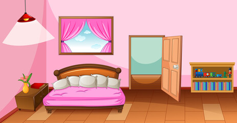 Bedroom interior with furniture in pink color theme
