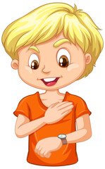 A boy cartoon character looking at his watch