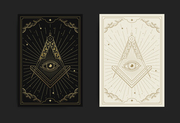 The Square, Compasses and All-Seeing Eye with engraving, handrawn, luxury, esoteric, boho style
