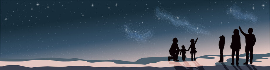 Banner Star scene night sky with silhouette people telescope looking at space