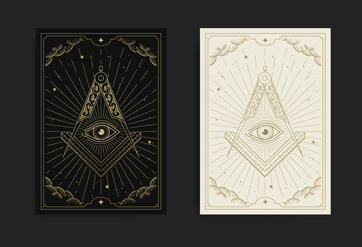 The Square, Compasses and All-Seeing Eye with engraving, handrawn, luxury, esoteric, boho style