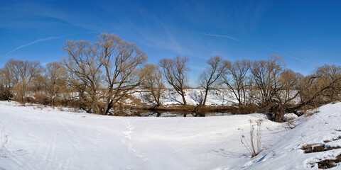 Spring fishing on the Desna river. Beautiful panorama.
