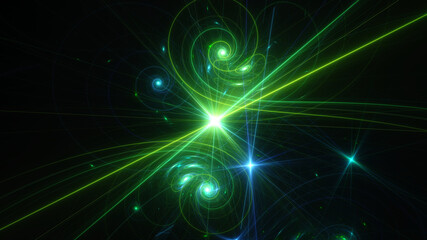 Abstract background, smooth multicolored lines on a black background.