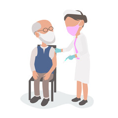 Covid vaccine a Doctor nurse in PPE mask vaccinate elderly man