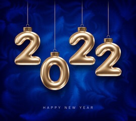 2022 New Year card template with golden 3d numbers hanging on background of dark blue frozen window