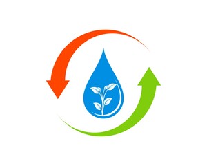Upside down arrow with water drop and nature tree inside