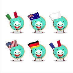 Vanilla blue donut cartoon character bring the flags of various countries