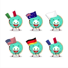 Fotobehang Vanilla blue donut cartoon character bring the flags of various countries © kongvector