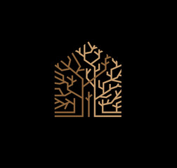 abstract tree house logo vector with black background, abstract tree as house shape symbol