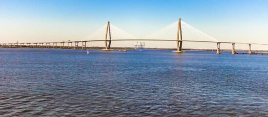 Panoramic view of the famous Arthur Ravenel Bridge between Mount Pleasant and Charleston, South Carolina