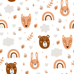 Seamless childish pattern with cute animals. Bear, hare, fox. Creative kids forest texture for fabric, wrapping, textile, wallpaper, apparel. Vector illustration