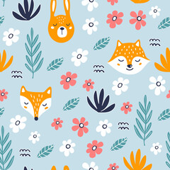 Seamless pattern with cute hare, fox, raccoon
