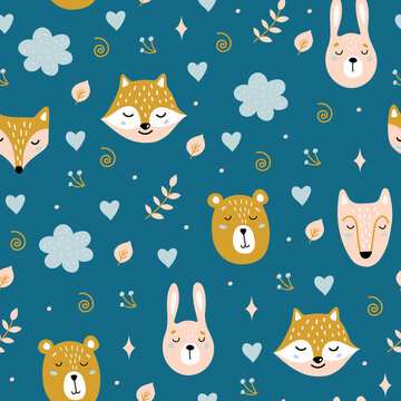 Seamless childish pattern with cute animals. Bear, hare, fox, wolf