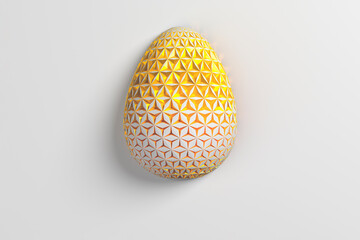 Easter concept. One single white golden egg with geometric original changing patterns on the surface on a white background. 3d illustration