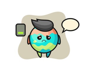 bath bomb mascot character doing a tired gesture
