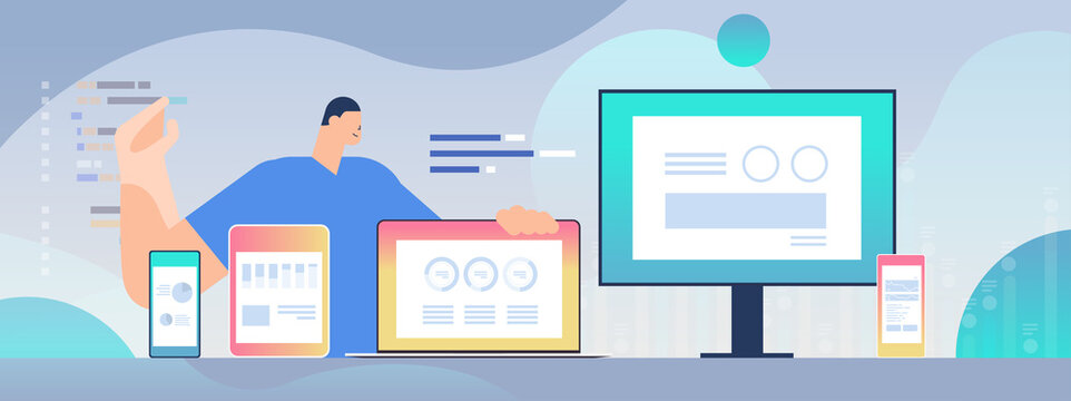 businessman monitoring information on different devices adaptive responsive web design application development