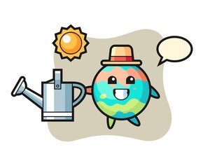 Cartoon character of bath bomb holding watering can