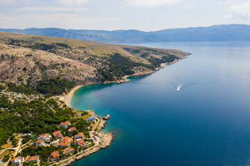 Aerial view of the rugged coast of the Krk island by the Adriatic sea in Croatia