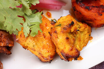 grilled chicken fish kebab lemon on white background
