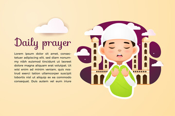 Mulsim daily prayer template vector with cute boy illustration