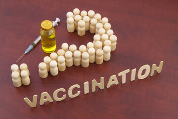 People (wooden figures) shaped as question mark, vaccine bottle, syringe and word vaccination....