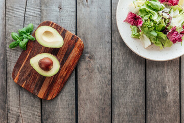 Healthy eating concept flat lay. Mediterranean diet, food on wooden background