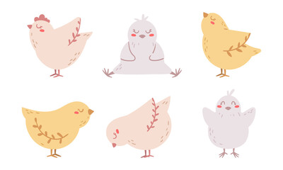 Easter chicken birds - kids pastel vector cliparts set