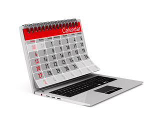 laptop and calendar on white background. Isolated 3D illustration