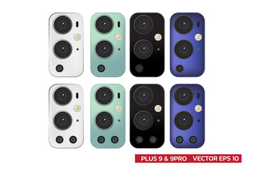 Obraz premium Triple Lens and Four Lens of camera mockup in different color, black white green blue, realistic vector illustration.