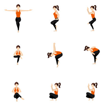 Eagle pose variations yoga asanas set / Illustration stylized woman practicing garudasana variations