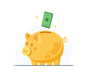 Gold piggy bank with falling banknote. Save money concept. Investments in future. Financial symbol. Banking or business services. Vector illustration in flat cartoon style.