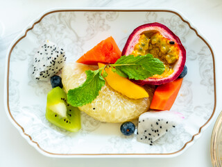 Tropical sliced fruits in luxrury hotel