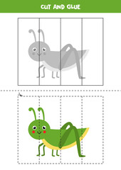 Cut and glue game for kids. Cute green grasshopper.