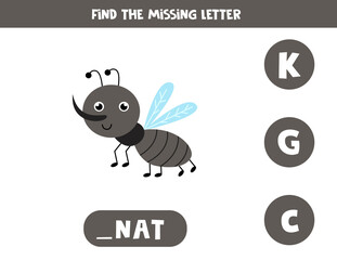Fototapeta premium Find missing letter with cute gnat. Spelling worksheet.