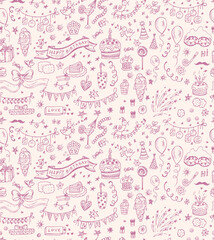 Happy Birthday. Vector seamless pattern of Hand drawn Birthday Party elements. Celebratory attributes background.