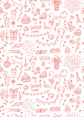 Happy Birthday. Vector seamless pattern of Hand drawn Birthday Party elements. Celebratory attributes background.