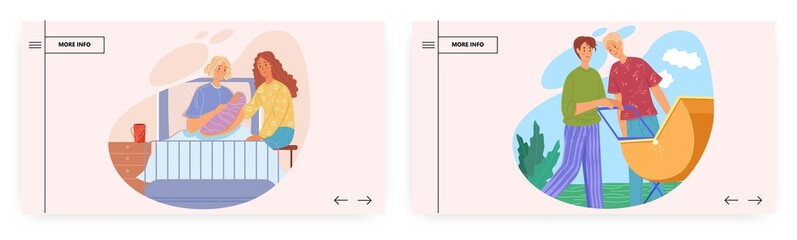 Fototapeta premium Homosexual parents landing page design, website banner vector template set. Happy gay and lesbian couples with babies.