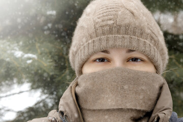 girl with beautiful eyes in cashmere hat wrapped in cashmere scarf a cold weather .selective focus.High quality photo