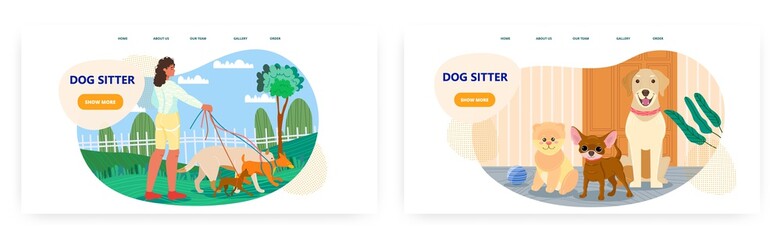 Dog sitter, pet walker landing page design, website banner vector template set. Female volunteer walking puppies in park