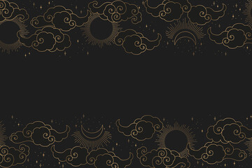 Vintage vector illustration with gold abstract sun, moon, stars and clouds pattern isolated on black background. Mystical Illustration for card, wallpaper, print, fabric, brochure