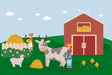 Obraz na płótnie Canvas Farm animals with landscape. Vector illustration with a farm in a cartoon style. Working farmers tend and feed their livestock. Children's book illustration of women on a farm. Vector illustration
