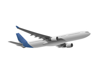 Fototapeta na wymiar Airplane with blue tail flying over white background